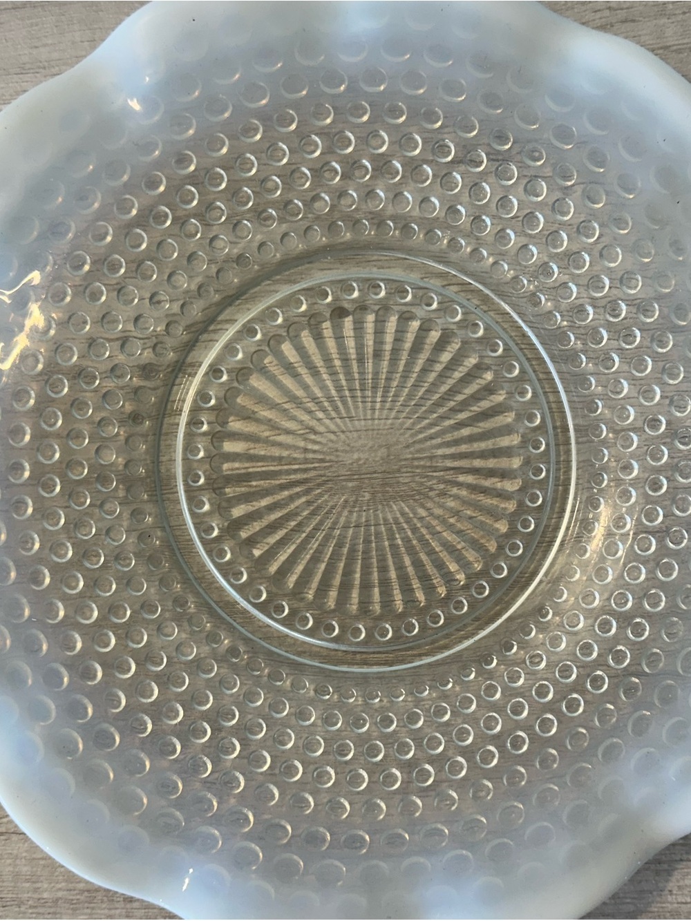 Vintage Anchor Hocking Moonstone Opalescent Glass Hobnail Ruffled Plate